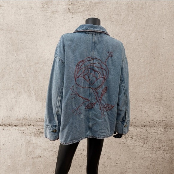 Boho Embroidered Denim Pullover Oversized Floral Boutique Art Top M L - Picture 3 of 8